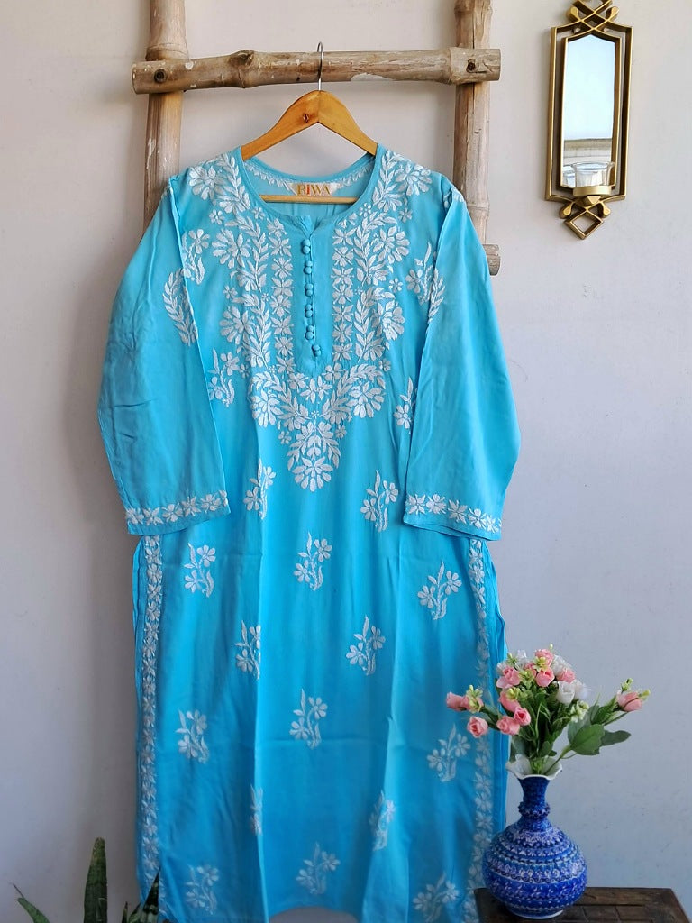 Zehna Rayon Chikankari Straight Kurta - Sky Blue