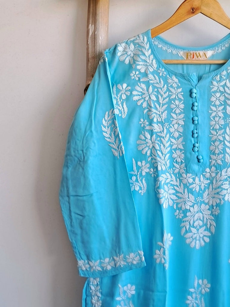 Zehna Rayon Chikankari Straight Kurta - Sky Blue