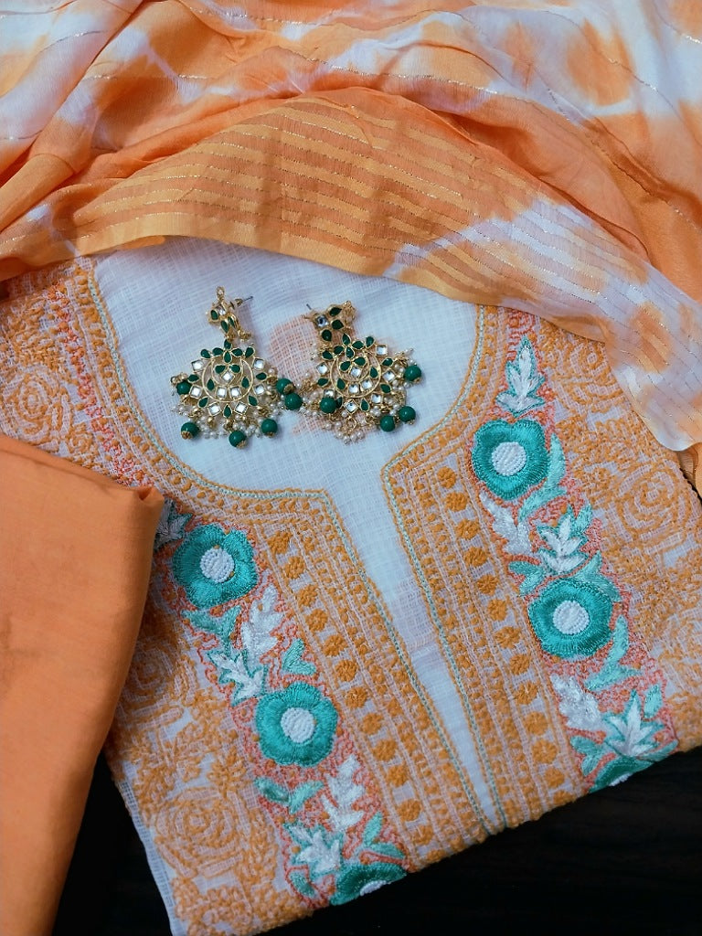 Mysha Unstitched Kota Suit Set with Parsi Embroidery- 3 Piece Set- Orange