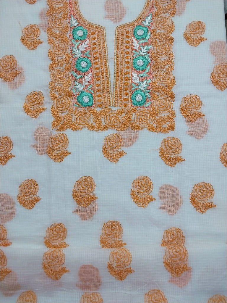 Mysha Unstitched Kota Suit Set with Parsi Embroidery- 3 Piece Set- Orange