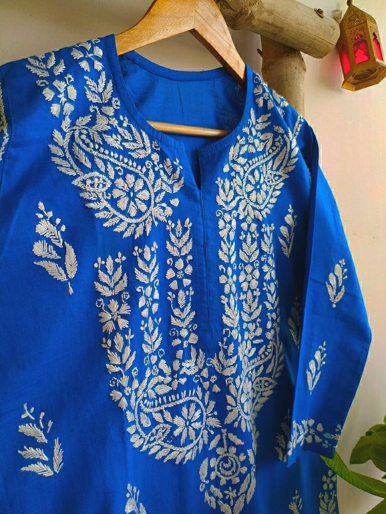 Blue Cotton Hand Embroidered Lucknow Chikan Kurti - Labelriwa