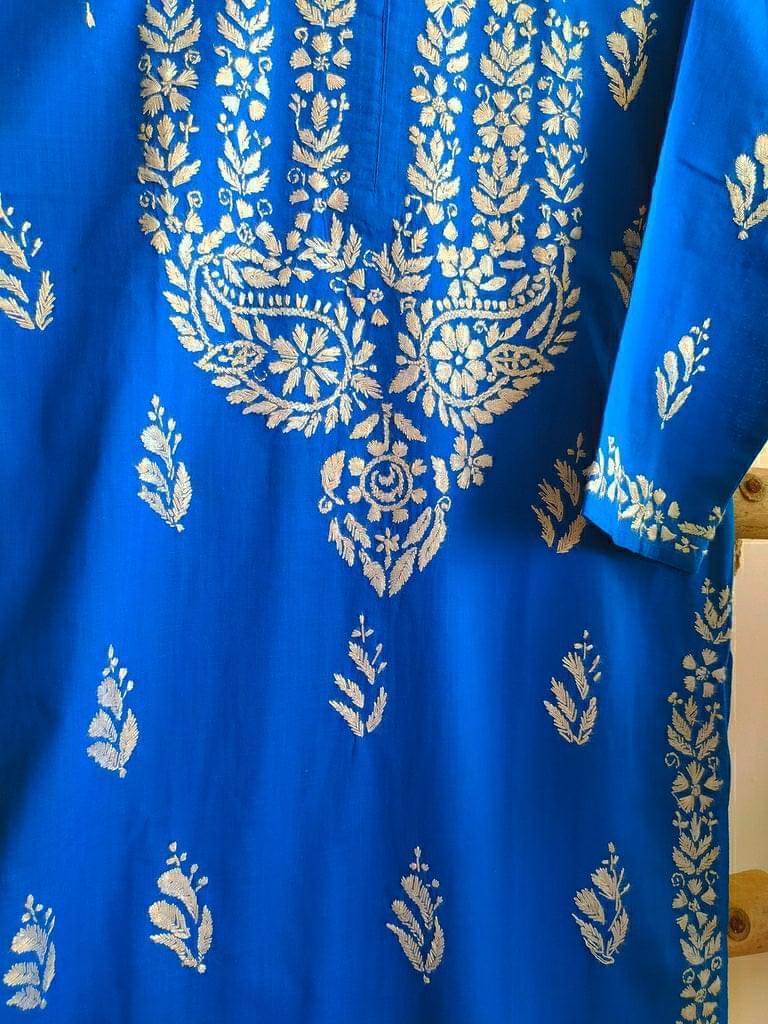 Blue Cotton Hand Embroidered Lucknow Chikan Kurti - Labelriwa