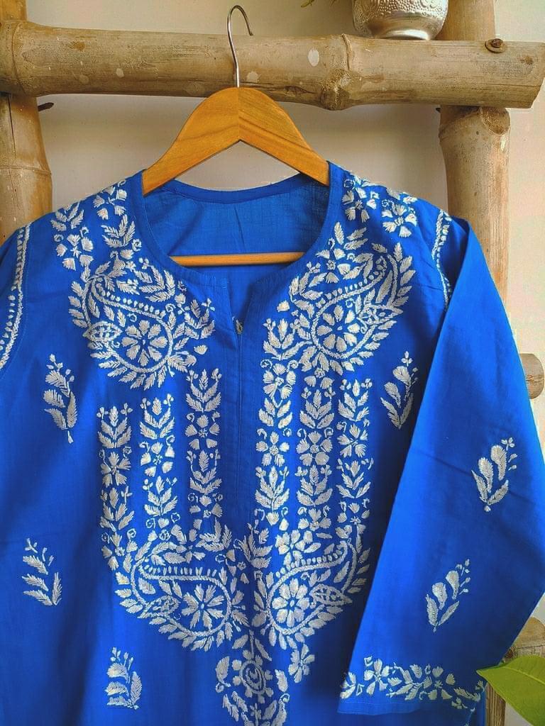 Blue Cotton Hand Embroidered Lucknow Chikan Kurti - Labelriwa