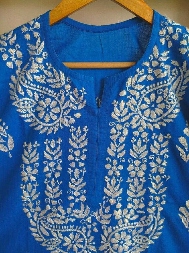 Blue Cotton Hand Embroidered Lucknow Chikan Kurti