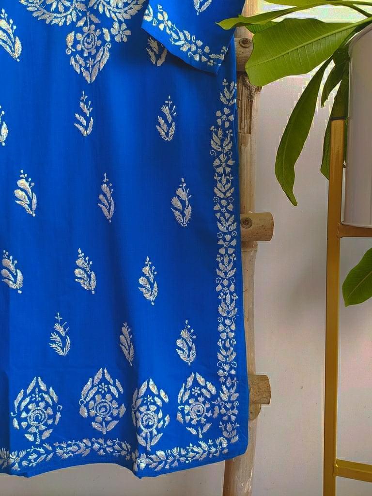 Blue Cotton Hand Embroidered Lucknow Chikan Kurti - Labelriwa