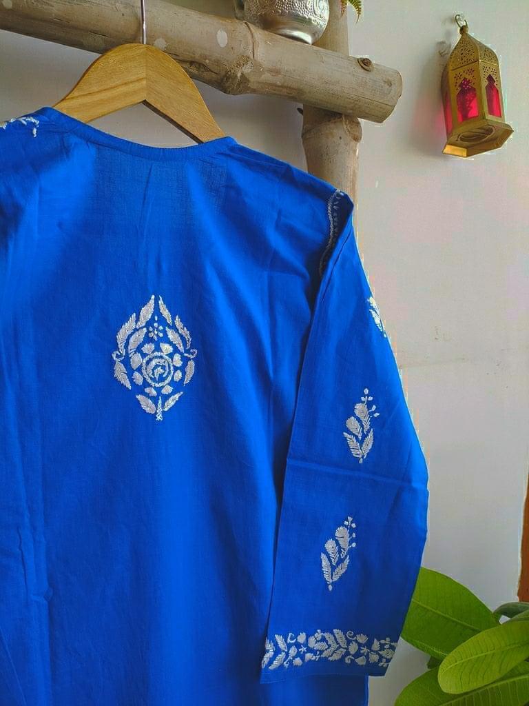 Blue Cotton Hand Embroidered Lucknow Chikan Kurti - Labelriwa