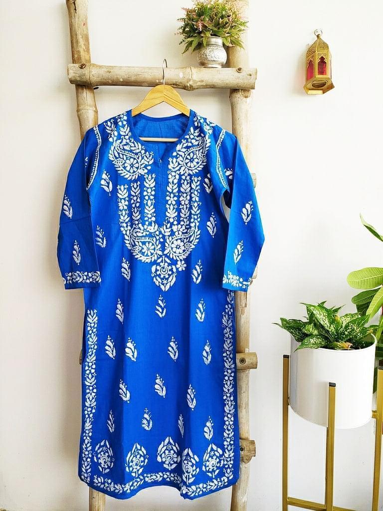 Blue Cotton Hand Embroidered Lucknow Chikan Kurti - Labelriwa