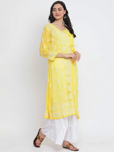 Yellow Faux Georgette Angarkha Hand Embroidered Chikan Kurti - Labelriwa