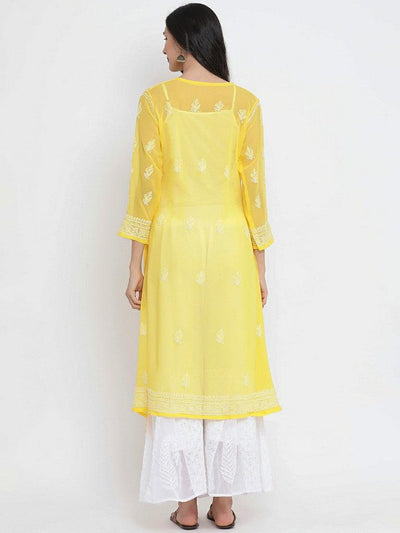 Yellow Faux Georgette Angarkha Hand Embroidered Chikan Kurti - Labelriwa