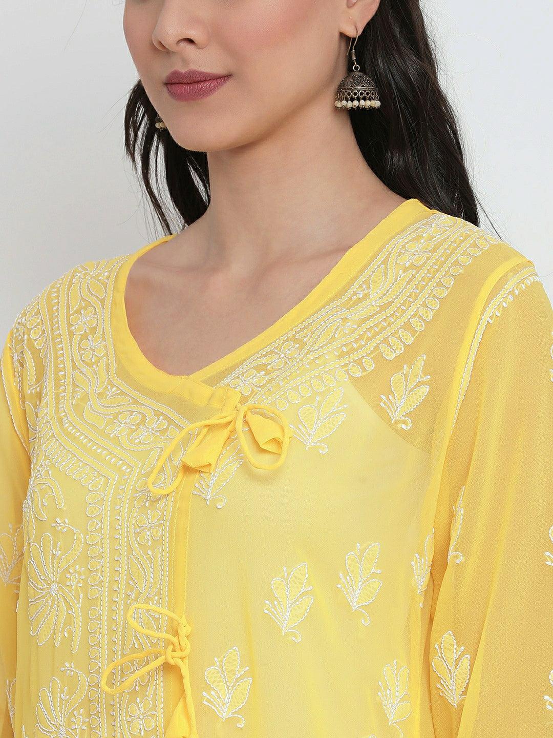 Yellow Faux Georgette Angarkha Hand Embroidered Chikan Kurti - Labelriwa