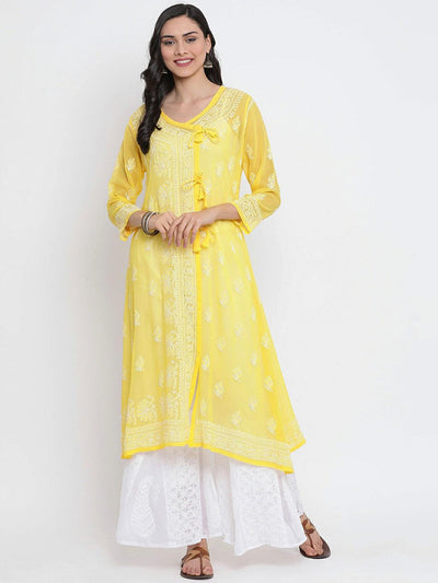 Yellow Faux Georgette Angarkha Hand Embroidered Chikan Kurti - Labelriwa